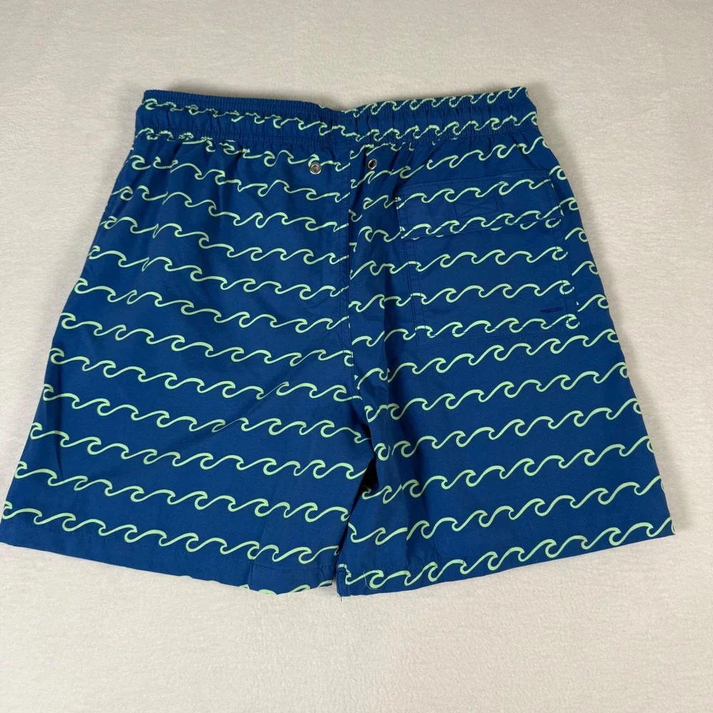 Tom & Teddy Wave Print‎ Swim Trunks Mens Small Blue Green Coastal Board Shorts